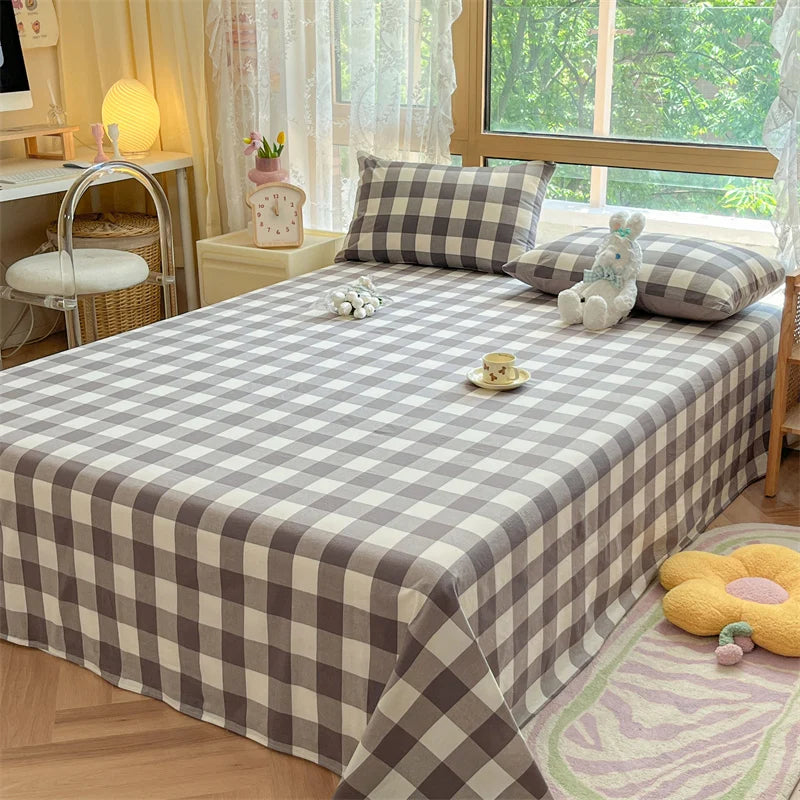 Japanese Style 100% Cotton Plaid Bed Sheet Soft Skin Friendly Flat Sheet or Sheet and Pillowcases Set Queen King Size Bedspreads TAVEN System LLC