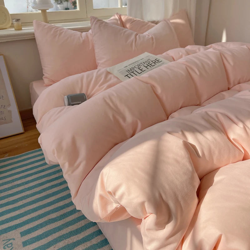 Cotton Bedding Set 4pcs with Solid Bed Sheet Duvet Cover Pillowcases Single Couple Bedsheet King Queen Double Twin Size TAVEN System LLC