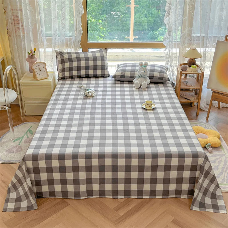 Japanese Style 100% Cotton Plaid Bed Sheet Soft Skin Friendly Flat Sheet or Sheet and Pillowcases Set Queen King Size Bedspreads TAVEN System LLC