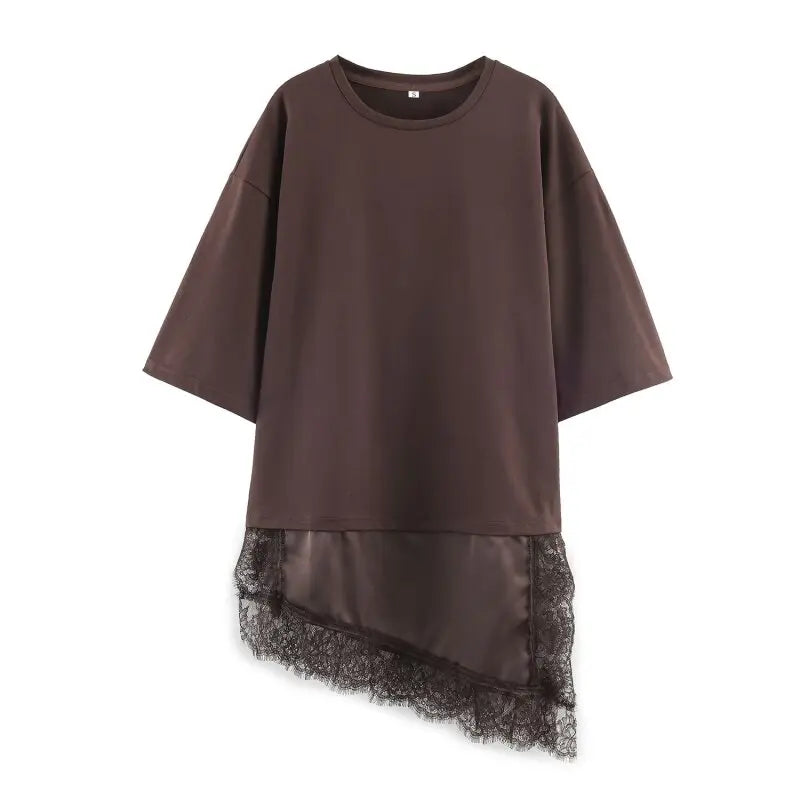 Women Asymmetric Lace Trim T-Shirt Loose Casual Summer Half Sleeve TAVEN System LLC