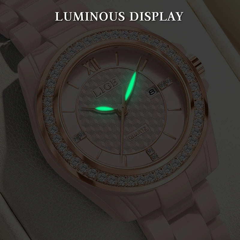 LIGE New Pink Watch Women Watches Top Brand Luxury Ceramic Watch Women Fashion Sport Waterproof Quartz Watch Female Montre Femme - TAVEN System LLC