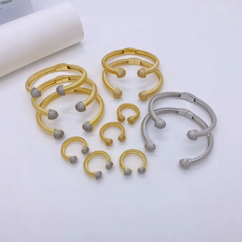 5PCS, Fashion Geometric Bracelet Bangles & Rings Open Design 18k Gold Plated Jewelry Gift For Girls