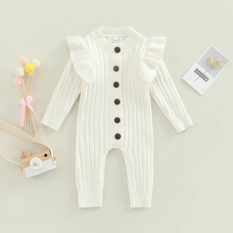 Baby Girl Knitted Long Sleeve Button Romper Spring Outfit