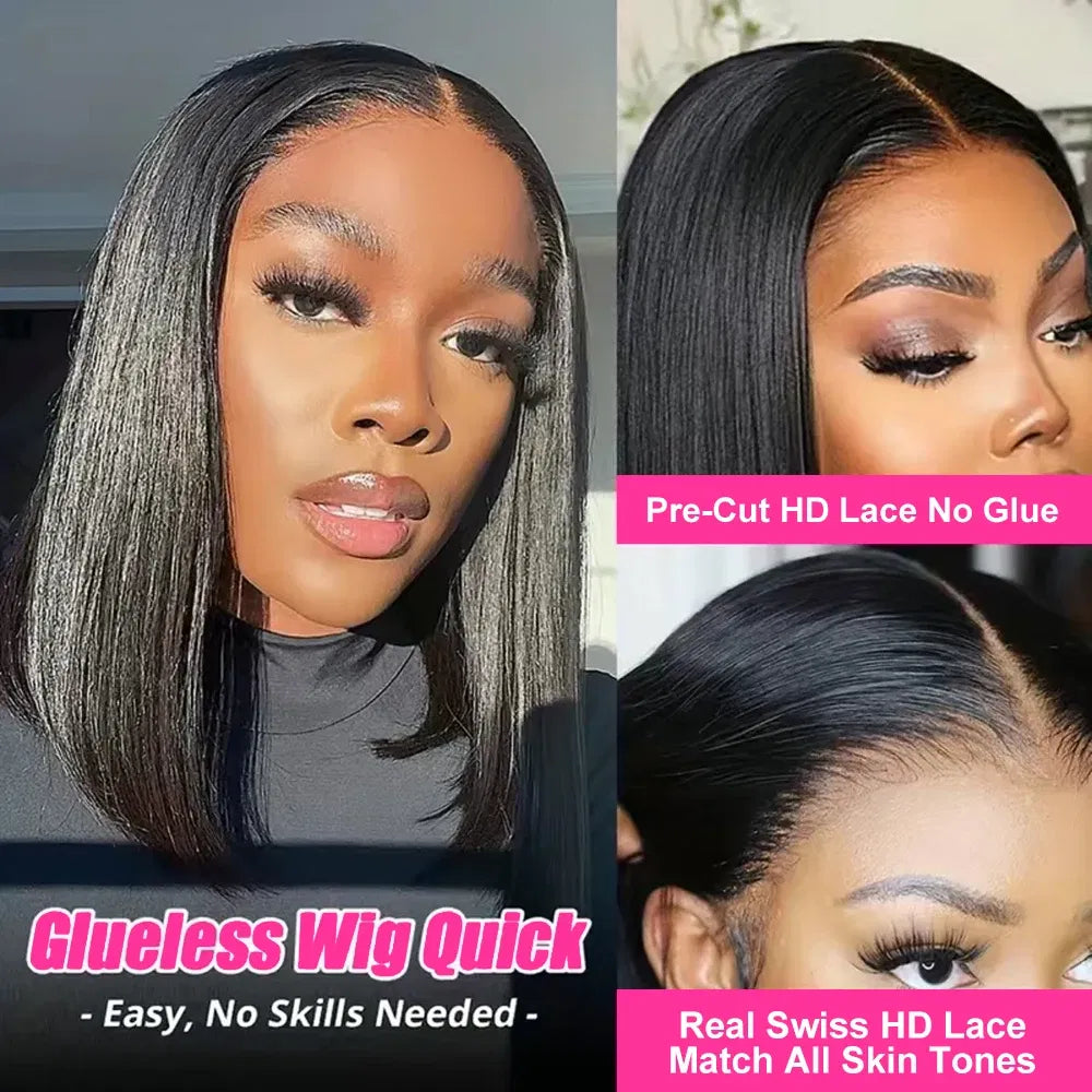 Hair Color: #1B, Ships From: CHINA, Stretched Length: 14inches, Density: 180% - Wear And Go Glueless Bob Wig Human Hair 7x5 HD Lace Closure Human Hair Pre Plucked  No Glue Pre Cut Ready To Wear Frontal Wig Taven