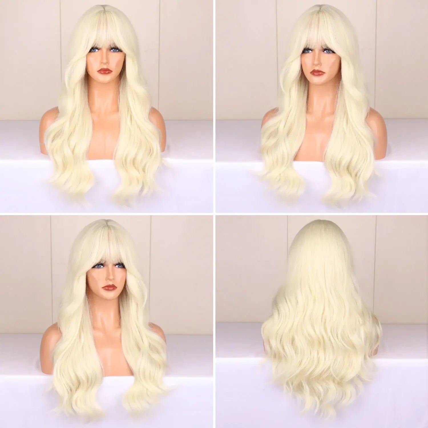 Color: Blonde - Blonde synthetic wig with straight bangs Ladies Cosplay wig High temperature silk wig set with big waves and long curly hair Taven