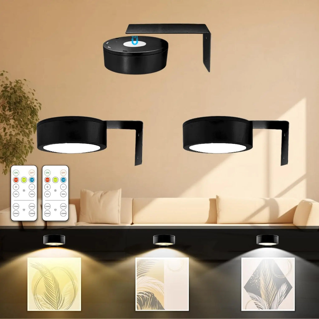 9-Pack Black Picture Lights for Wall, Battery Operated with Remote and Timer, 3 Color Temperatures & Dimmable, Art Display Light for Picture Frame Artworking Portrait，Wireless Wall Decor Puck Lights TAVEN System LLC