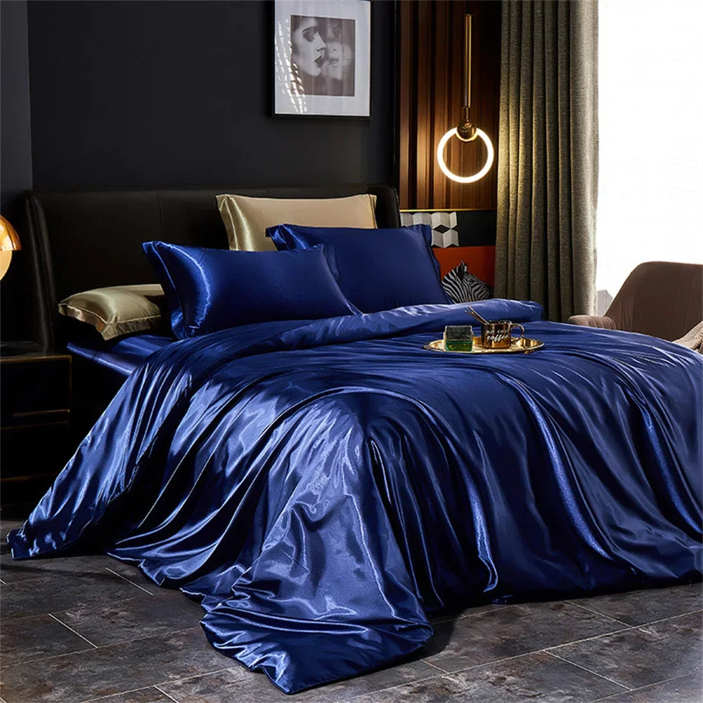 Solid Silk Bedding Set with Duvet Cover Bed Sheet Pillowcases Luxury Satin Single Double Bedsheet King Queen Twin Size TAVEN System LLC