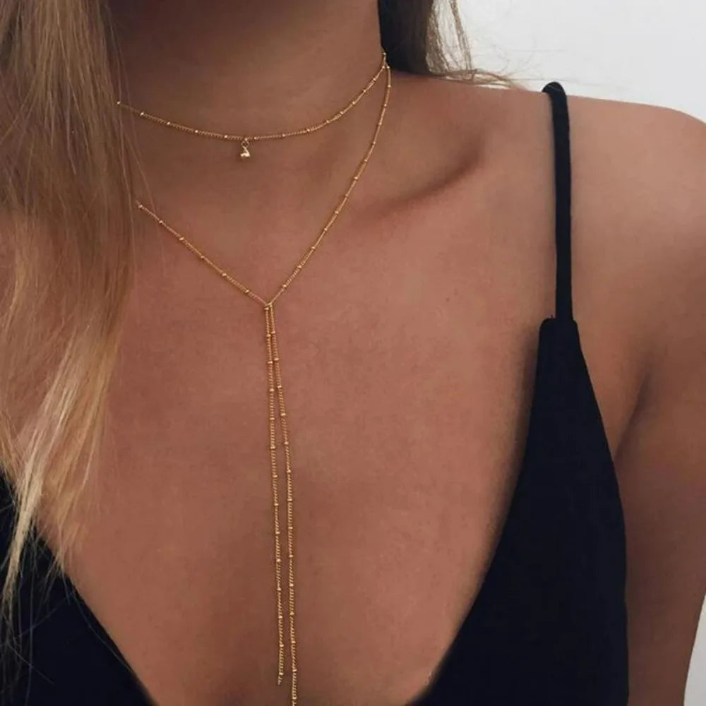 2024 Simple Gold Silver Color Chain Choker Necklace Long Beads Tassel Chocker Necklaces For Women Collar Collier Ras Du Cou TAVEN System LLC