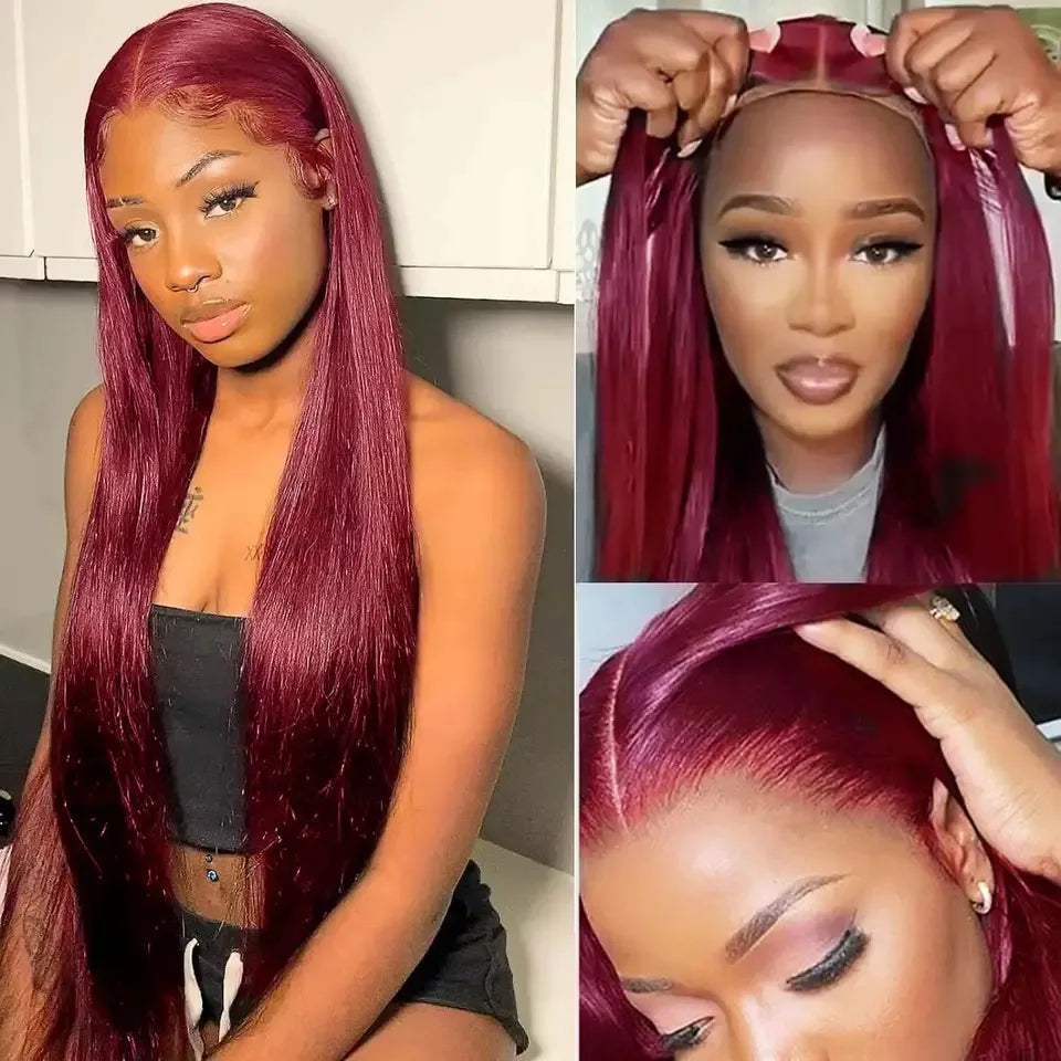 Straight 99J Burgundy Red Color Synthetic 13X4X1 HD Full Lace Frontal Wig For Women Prepucked Baby Hair Glueless Wig Daily Party