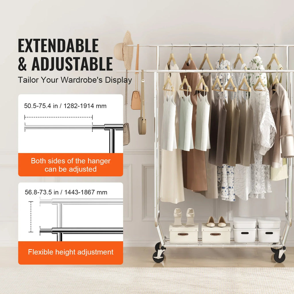 SucceBuy Heavy Duty Adjustable Rolling Garment Rack with Shelf TAVEN System LLC