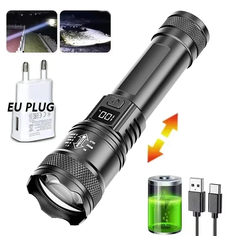 100000LM Super Bright Flashlight Type-C Rechargeable LED Torch Long Range Tactical Lamp for Outdoor Waterproof Camping Lantern TAVEN System LLC