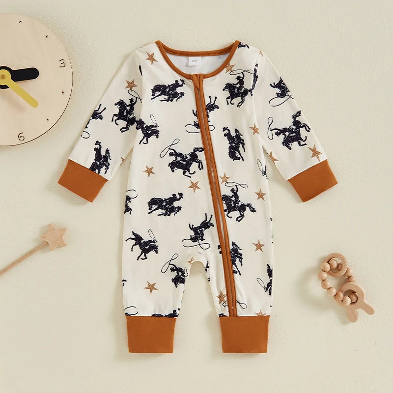 Baby Boy Western Cowboy Print Long Sleeve Zipper Romper Outfit