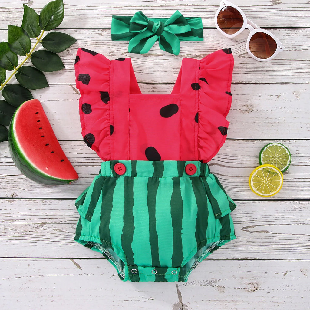 Baby Watermelon Print Romper with Matching Headband Summer Set