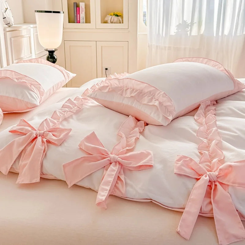 3 Piece Sheet Set  pink bowknot duvet cover Set ， comfortable Bedding Set Bedspread for All Season TAVEN System LLC