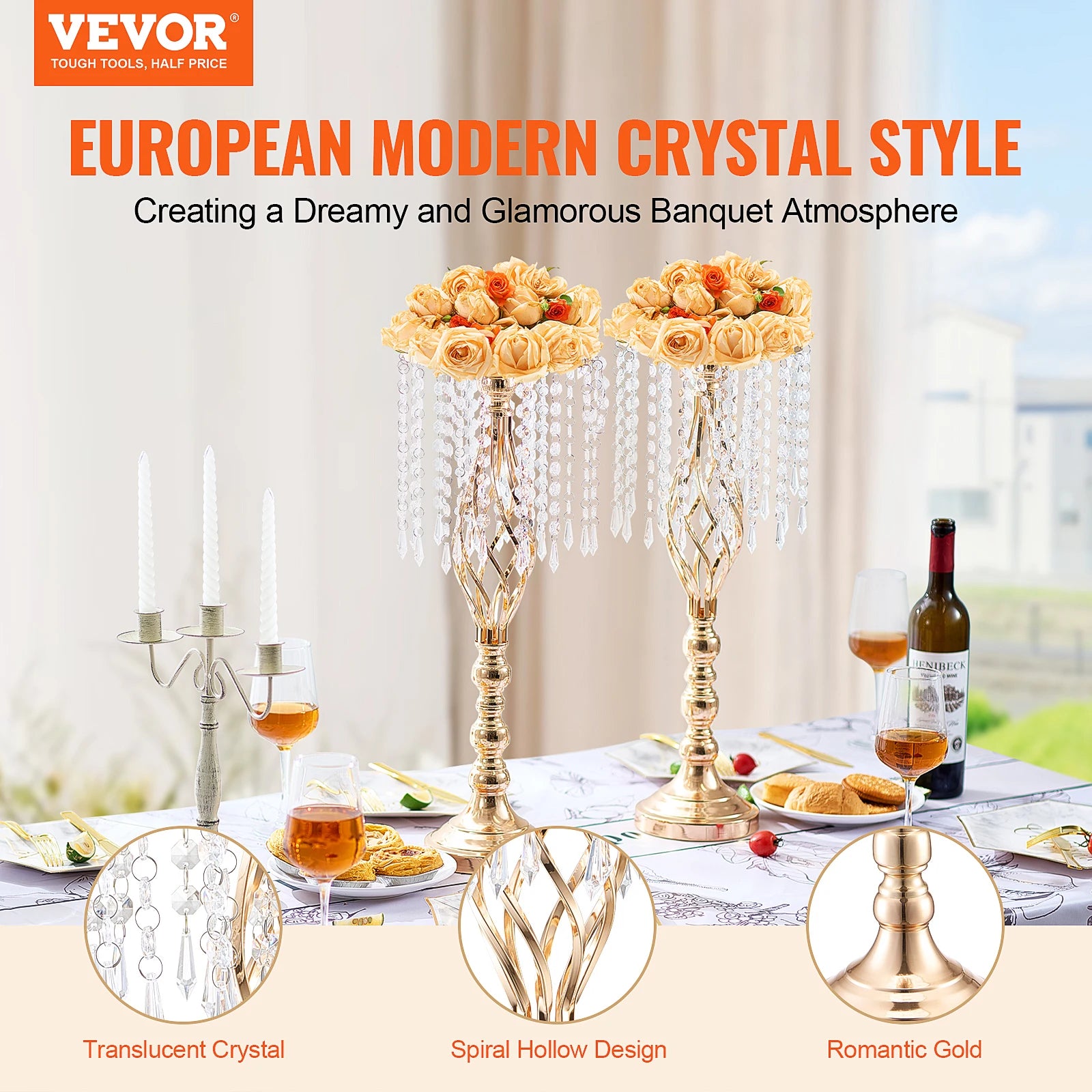 SucceBuy Tall Crystal Wedding Flower Stand Metal Wedding Centerpiece Vase Gold Flower Holders Floral Display Rack for Wedding TAVEN System LLC