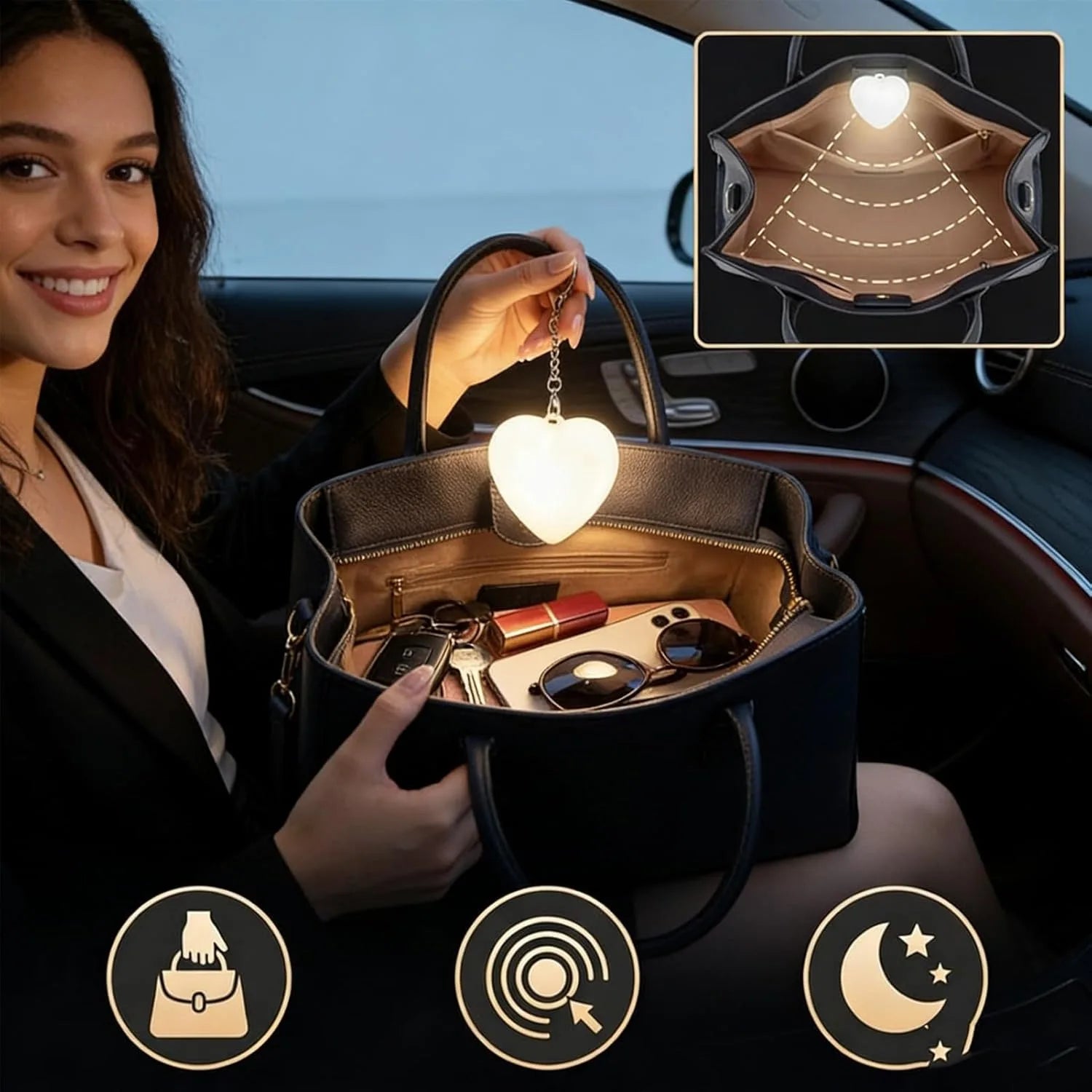 with Auto Sensor, Touch Control, Rechargeable Heart Shaped Handbag Light for Inside Purse, Perfect Valentine Gifts for Women TAVEN System LLC