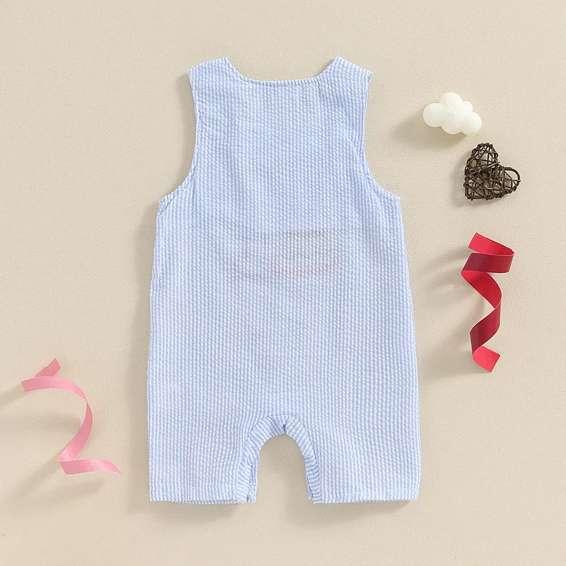 Baby Boy Striped Birthday Overalls with Cake Embroidery Outfit