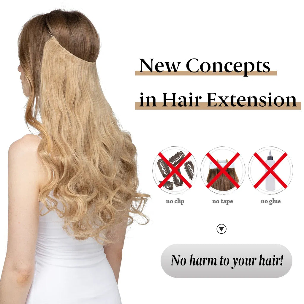 Color: 4/27HL, Stretched Length: 22INCHES - Synthetic No Clip Wave Hair Extensions Ombre Natural Black Blonde Pink One Piece False Hairpiece Fish Line Fake Hair Piece Taven
