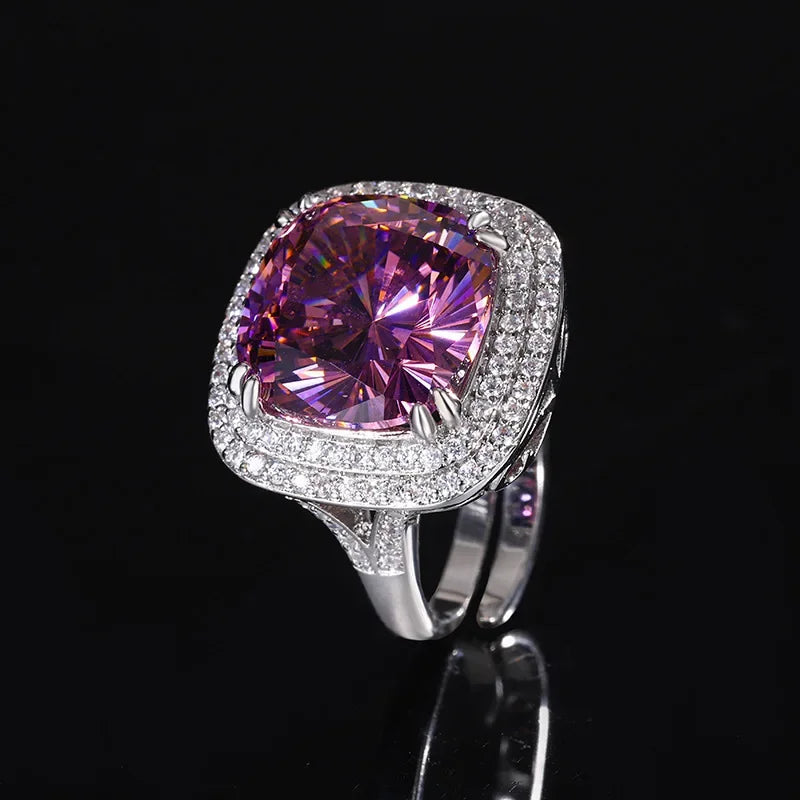 Exquisite Adjustable Ring Pendant Necklace Blue Pink High Carbon Drill Cushion Cut Jewelry in Elegant Style for Women Party Gift