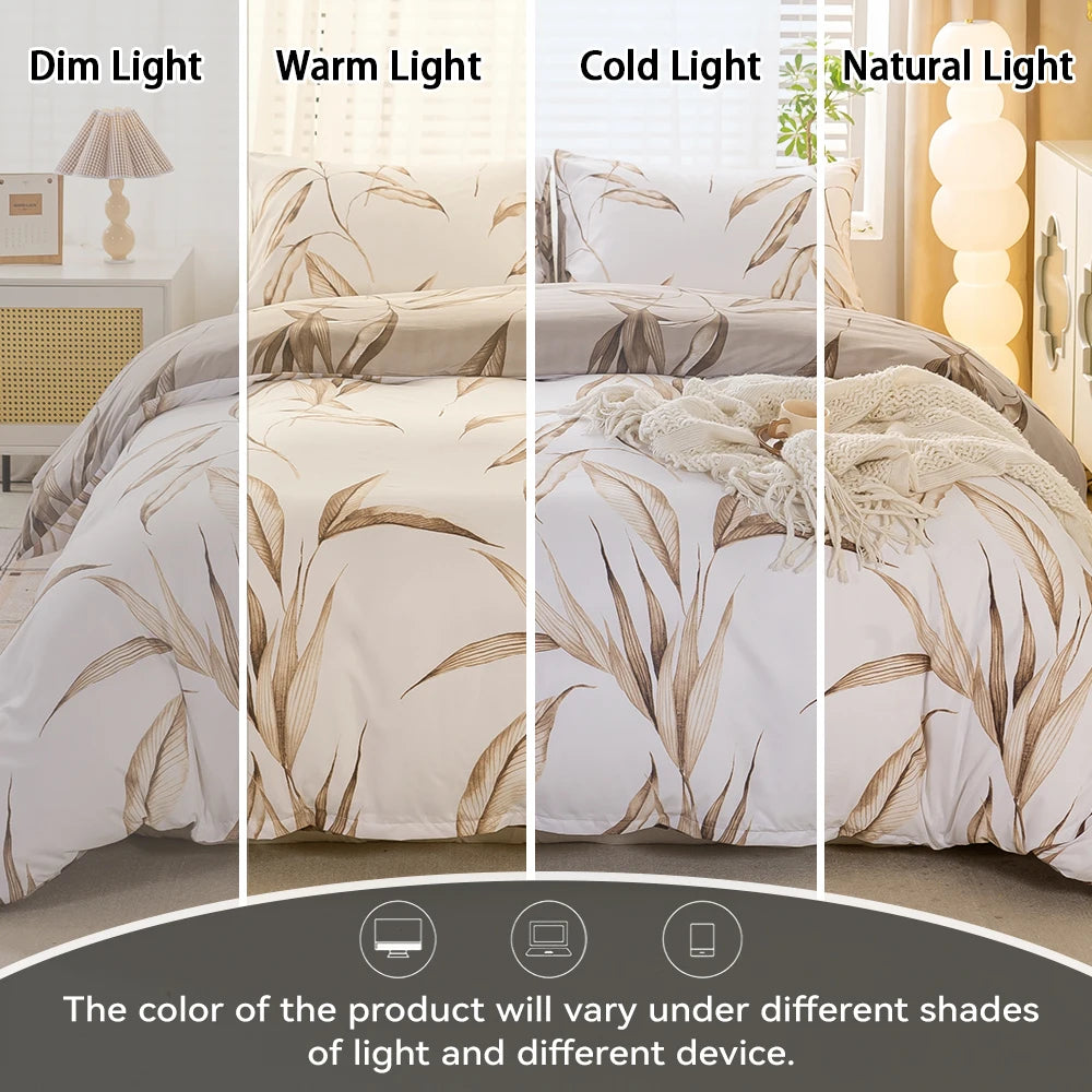 3pcs Fashion Reversible Watercolor Brown Tropical Leaf Printed Duvet Cover Set, Soft And Breathable, All-Season Universal TAVEN System LLC
