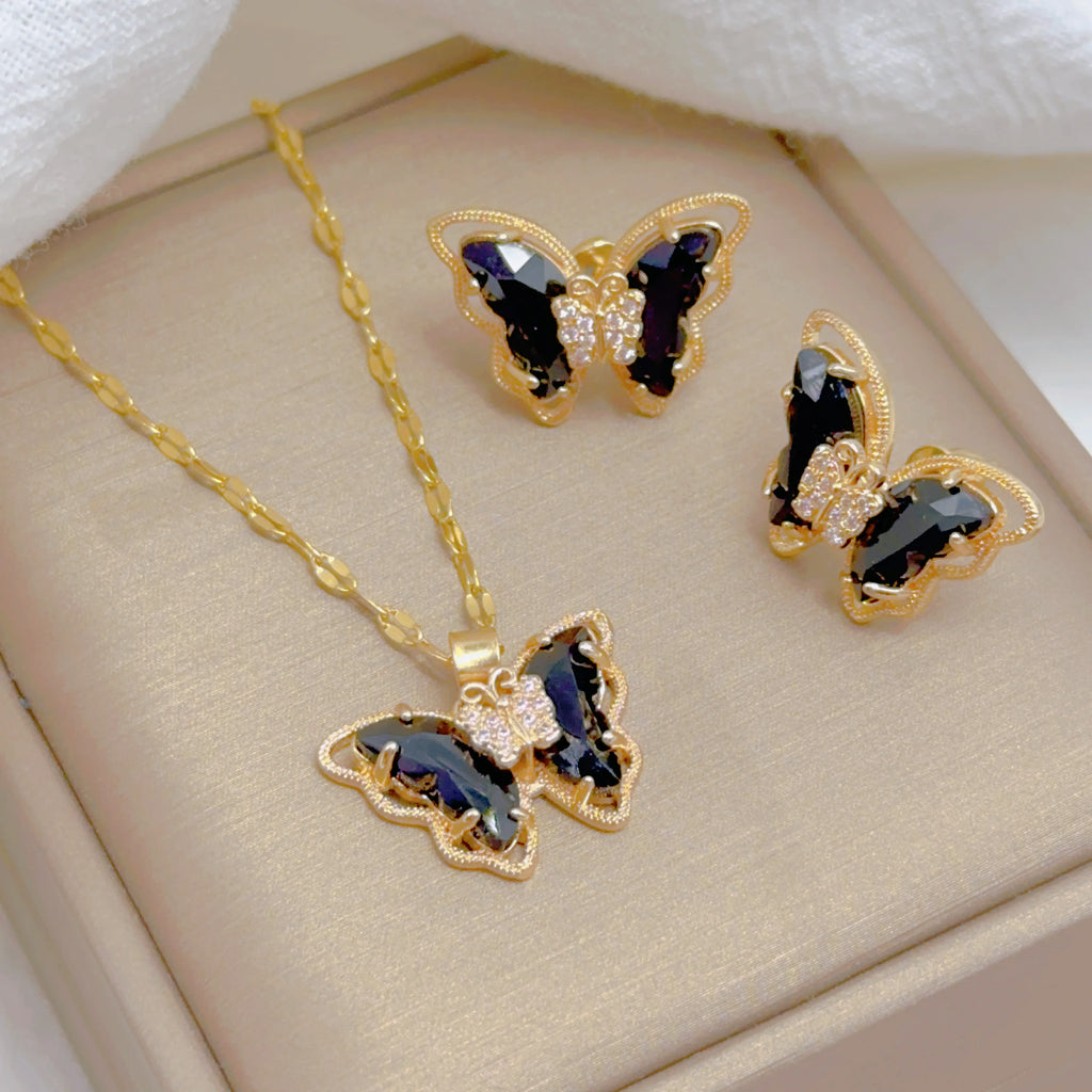 Fashion European and American Cute Micro-inlaid Butterfly Necklace Earrings Set Classic Light Luxury Transparent Stainless Steel TAVEN System LLC