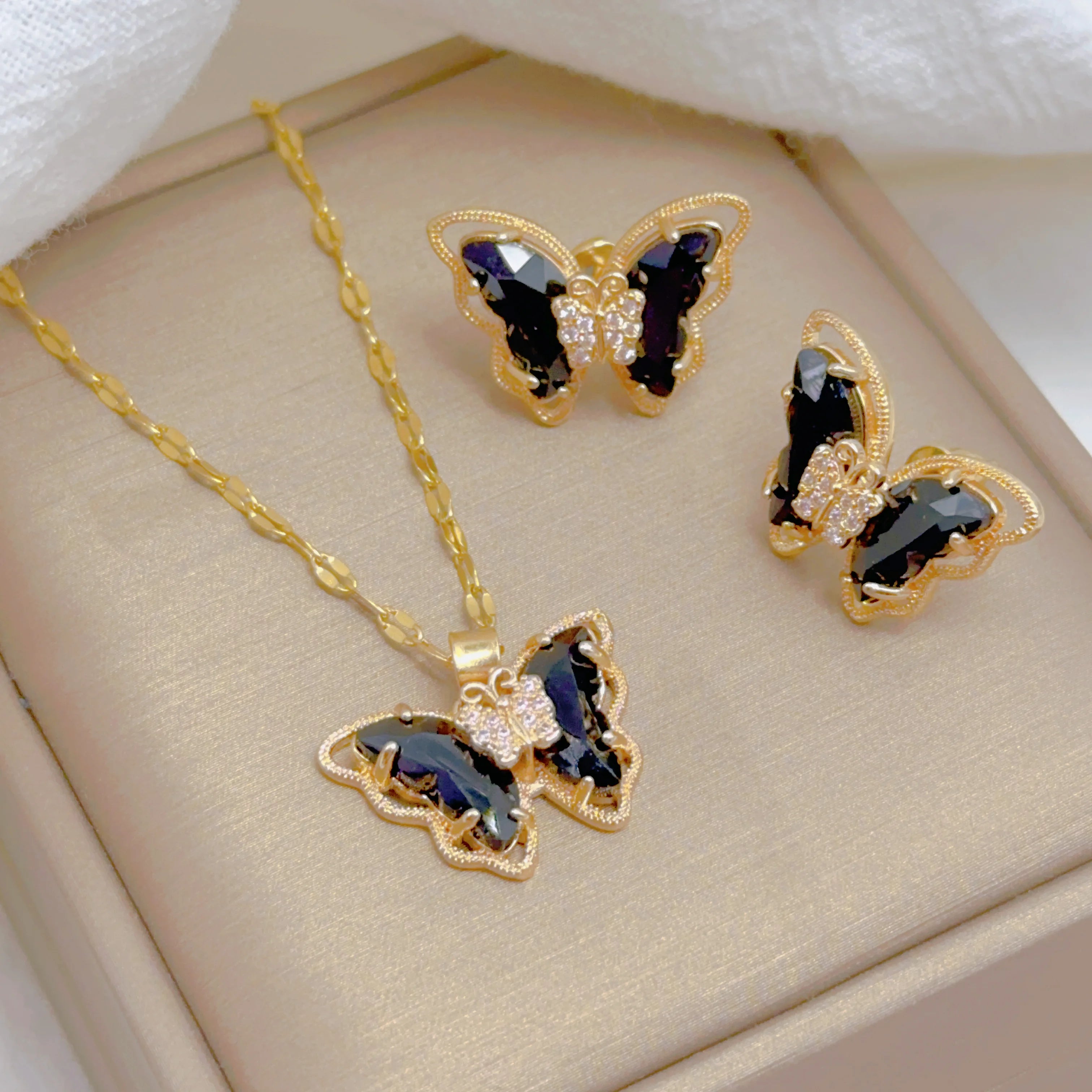Fashion European and American Cute Micro-inlaid Butterfly Necklace Earrings Set Classic Light Luxury Transparent Stainless Steel TAVEN System LLC
