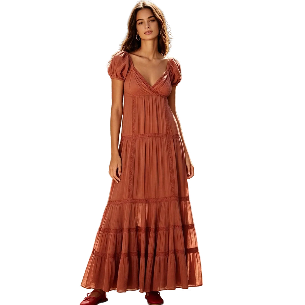Women V Neck Lace Puff Sleeve Maxi Dress Flowy Elegant Party Gown