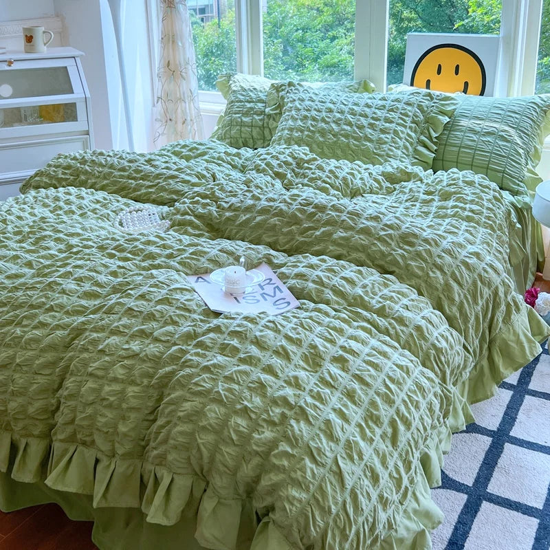 Korean Princess Style Lace Ruffles Bedding Set Skin-friendly Soft Seersucker Duvet Cover Set Bed Sheet Or Bed Skirt Pillowcases TAVEN System LLC