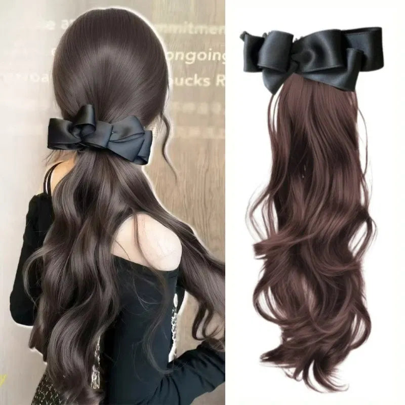 Color: #2, Stretched Length: 18inches - Elegant Synthetic Silk Bowknot Banana Claw Clip Ponytail Wig With Grab Clip Long Wavy Layered Ponytail for Women Daily Use Taven