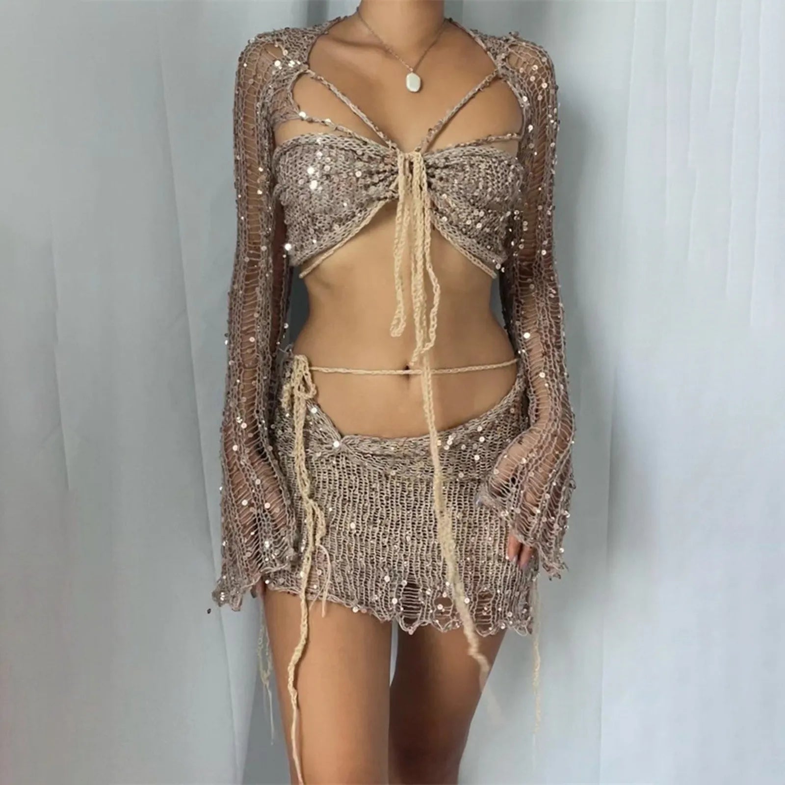 Glitter Sequins Knitted Skirt Sets Women Fashion Hollow Sequins Bandage Tube Top Mini Skirts 3 Piece Outfit Vacation Clothing TAVEN System LLC