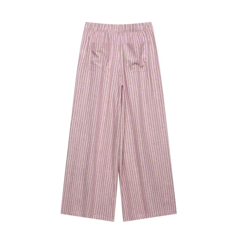 Women's Striped Pants 2026 New Summer Mid-waist Lace Up Pleats Casual Female Fashion Vintage Wide-leg Pants TAVEN System LLC