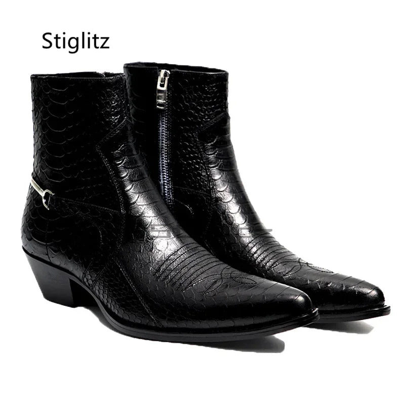 Genuine Leather Embroidery Men's Boots Pointy Chelsea Boots Snakeskin Metal Decor Chunky Heeled Ankle Boots Party Male Shoes TAVEN System LLC