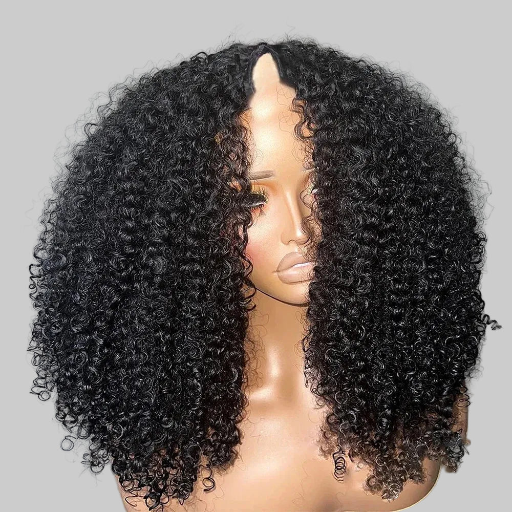 Kinky Curly V Part Indian Remy Human Hair Wig Long