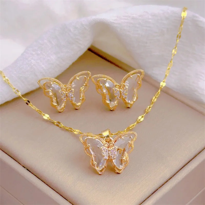 Fashion European and American Cute Micro-inlaid Butterfly Necklace Earrings Set Classic Light Luxury Transparent Stainless Steel TAVEN System LLC