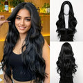 Color: #3 - Black synthetic wig with middle-parted long hair and big waves for party or daily use. High-temperature synthetic hair cap. Taven