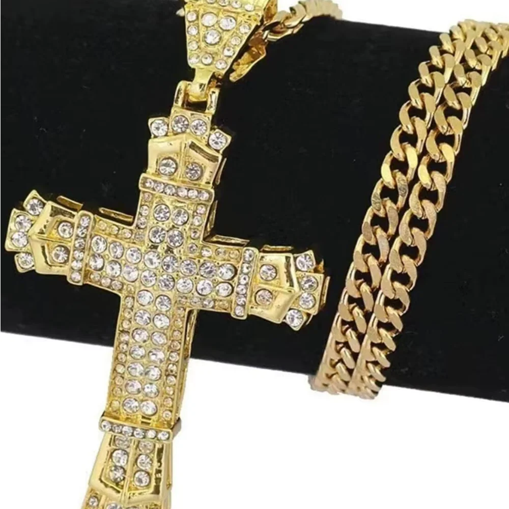 1 Simple Style MEN'S Rhinestone Christian Cross Rhinestone Pendant Necklace Personality Fashion Street Domineering Chain Jewelry TAVEN System LLC