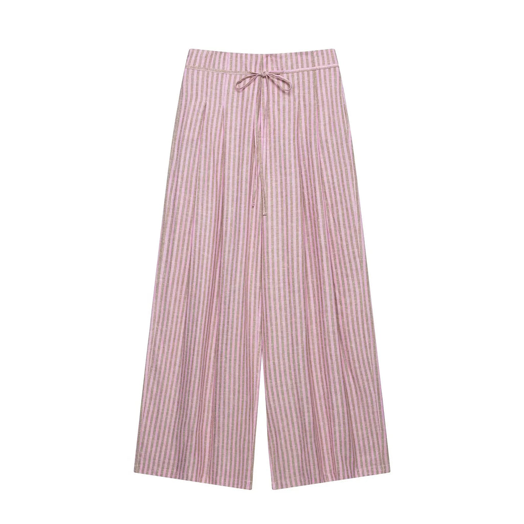 Women's Striped Pants 2026 New Summer Mid-waist Lace Up Pleats Casual Female Fashion Vintage Wide-leg Pants TAVEN System LLC