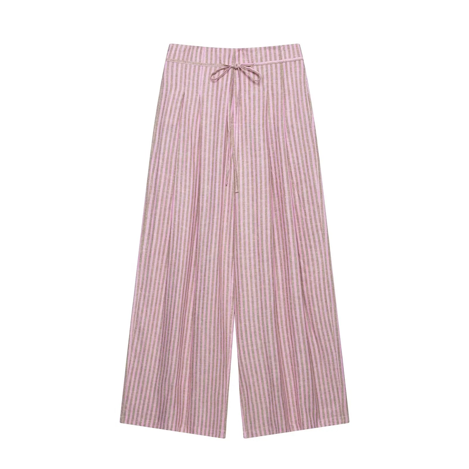 Women's Striped Pants 2026 New Summer Mid-waist Lace Up Pleats Casual Female Fashion Vintage Wide-leg Pants TAVEN System LLC