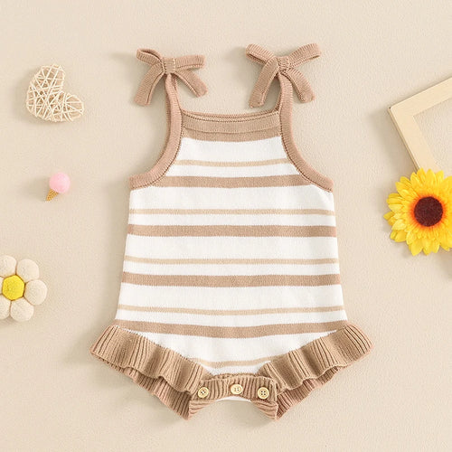 Baby Girl Ribbed Bow Strap Ruffle Sleeveless Summer Romper