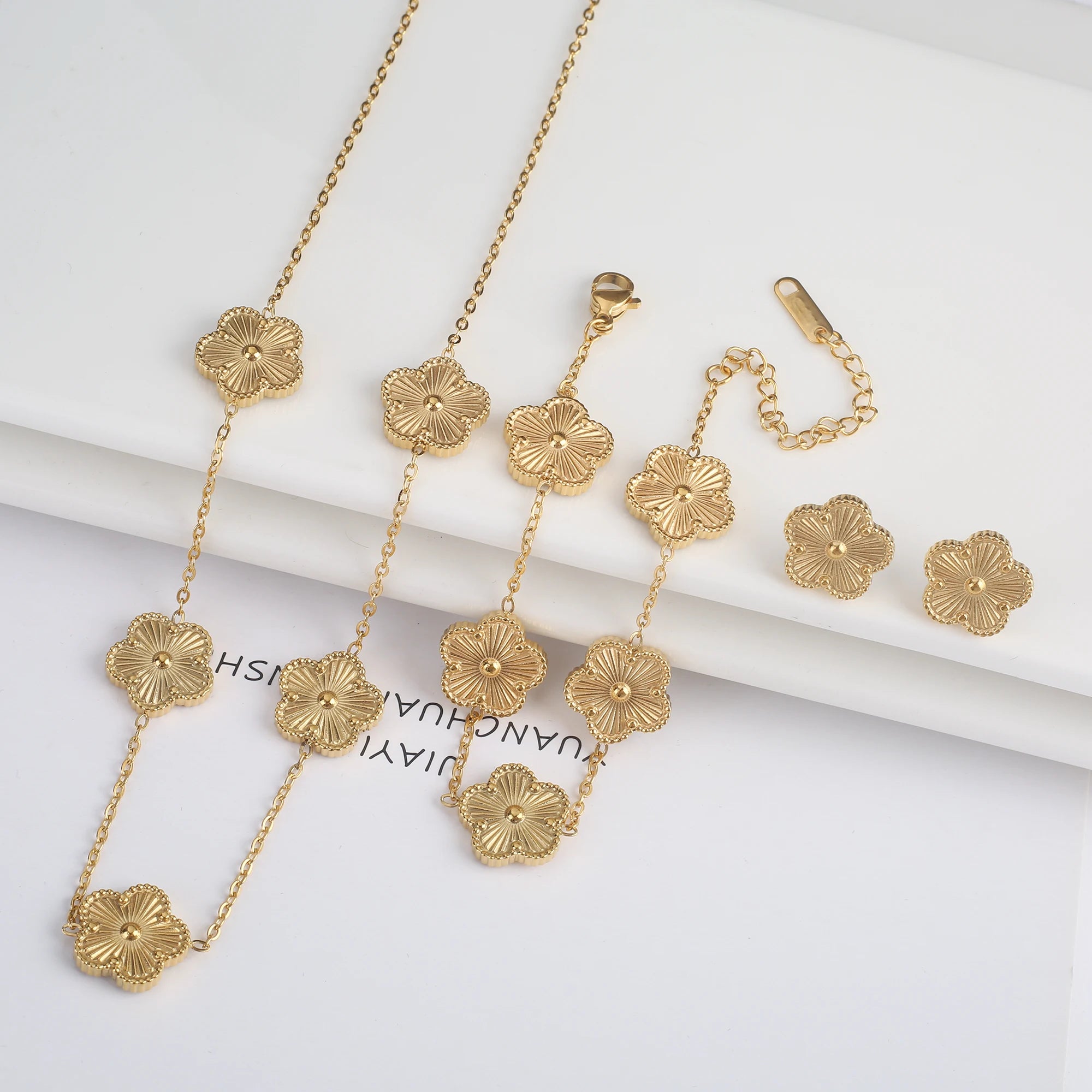 3Pcs 18k Gold-Plated Five-Leaf Flower Necklace Earrings Bracelet Jewelry Set for Woman Fashion Party Jewelry Daily Wear Clover TAVEN System LLC