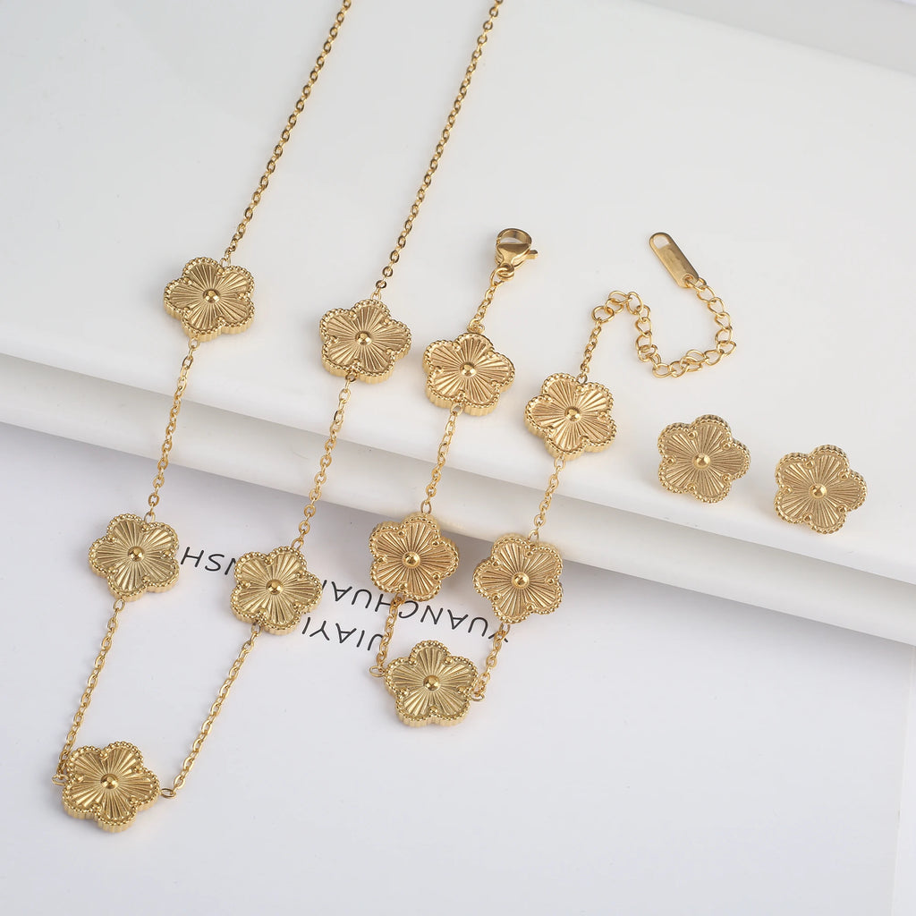 Simple 316L Stainless Steel Flower Five Leaf Necklace Bracelet Earrings 18K Gold Plated Jewelry Set for Women Girl Gift Clover TAVEN System LLC