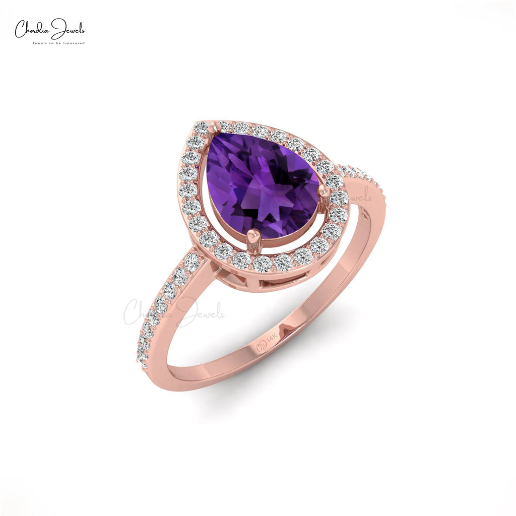 Trending Products 14k Fine Rose Gold Natural 8x6mm Pear Cut African Amethyst & 1mm G-H Diamond Halo Ring Top Wholesale Suppliers TAVEN System LLC