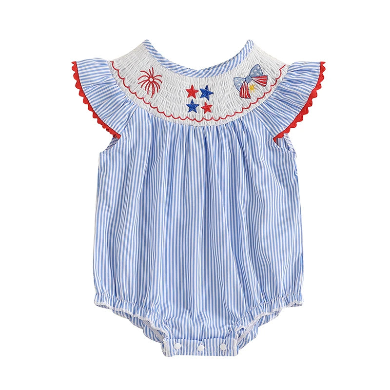 Baby Girl Striped Fly Sleeve Romper with Stars and Bow Outfit