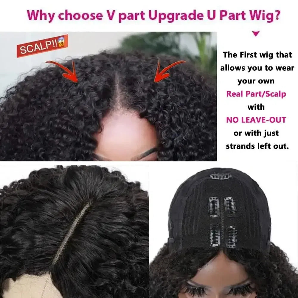 Hair Color: Natural Color, Stretched Length: 12INCHES, Density: 180% - Afro Kinky Curly V Part Human Hair Wigs No Leave Out Natural Black Machine Made Upgrade U Part Curly Wigs Indian Hair For Women Taven