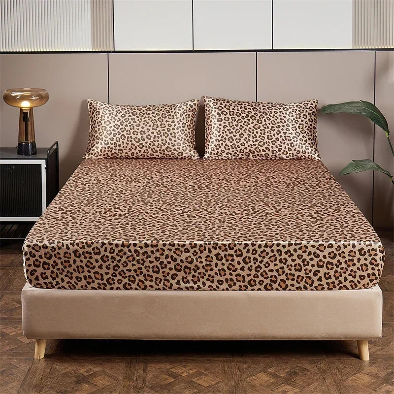 New Satin Fabric Leopard Print Bed Sheet Set Queen High-end Fitted Sheet Flat Sheet Pillowcase Bed Set King Size Bedsheet Sets TAVEN System LLC