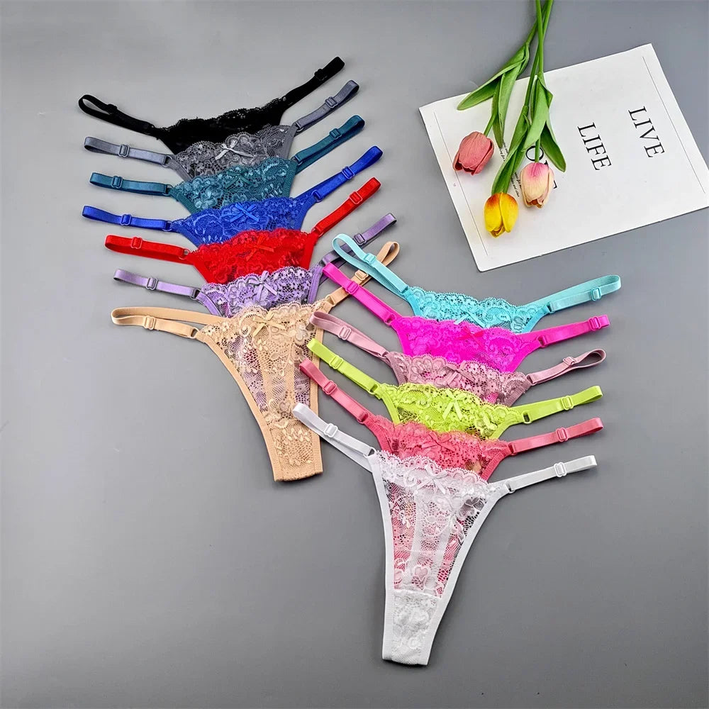 5PCS Free Shipping Seamless Women Thong Panties Adjust Belt Sexy Ice Silk G-string Lady Low Waist Lace Bikini T-back Plus Size TAVEN System LLC