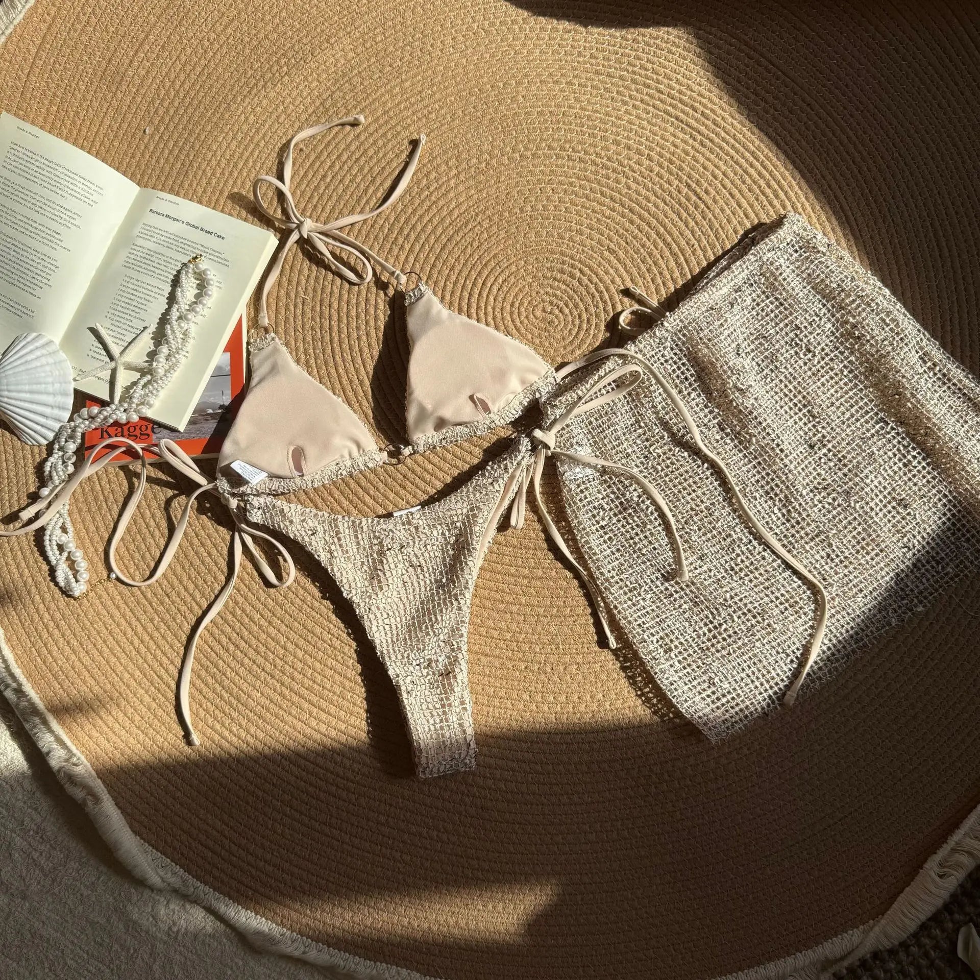 2025 New Summer Halter Bikini 3 Pieces Women Special Material Sexy Thong Swimwear with Sarong Skirt Solid Pink Beachwear TAVEN System LLC