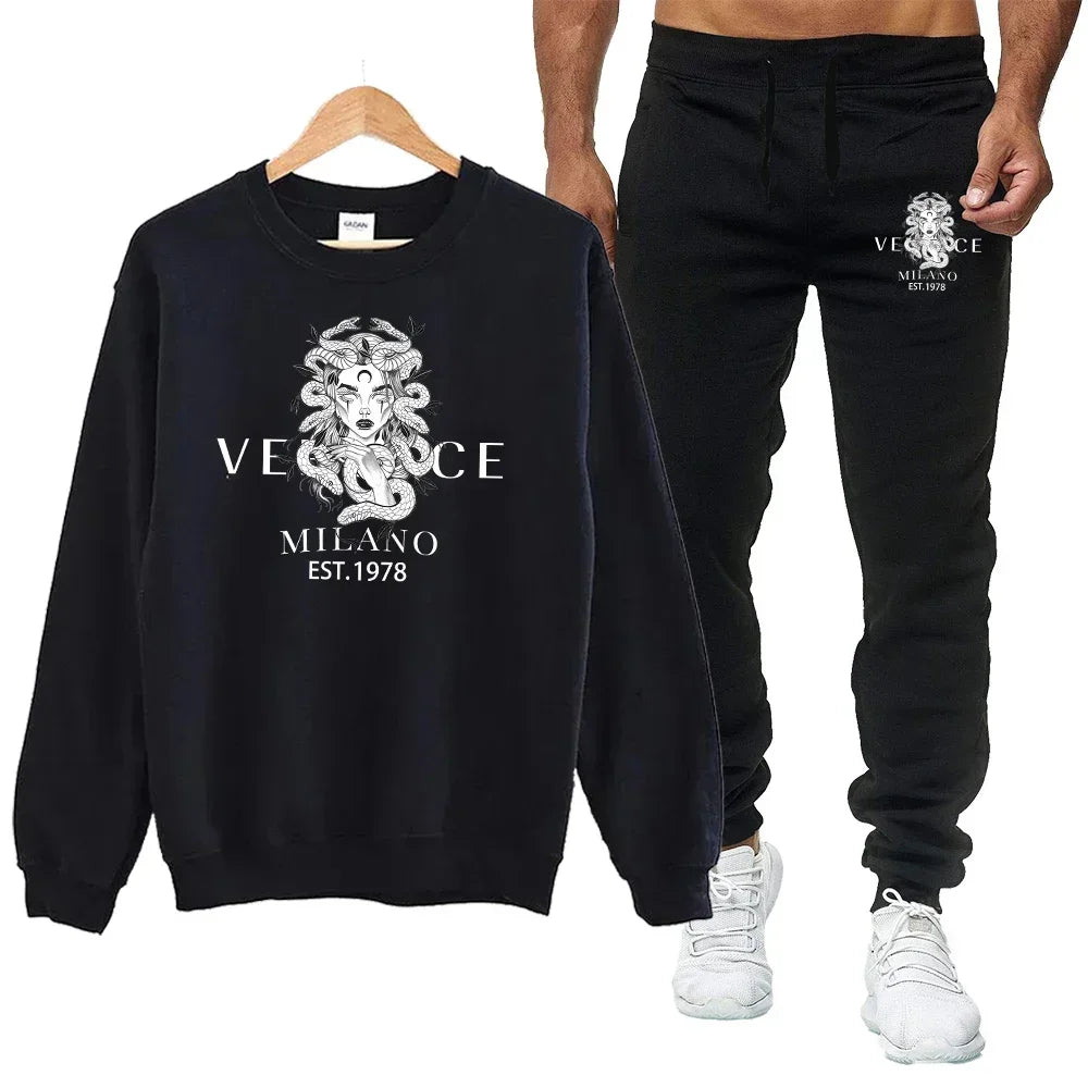 Men Print Sweatshirt Tracksuit Set Casual Sports Two Piece Outfit