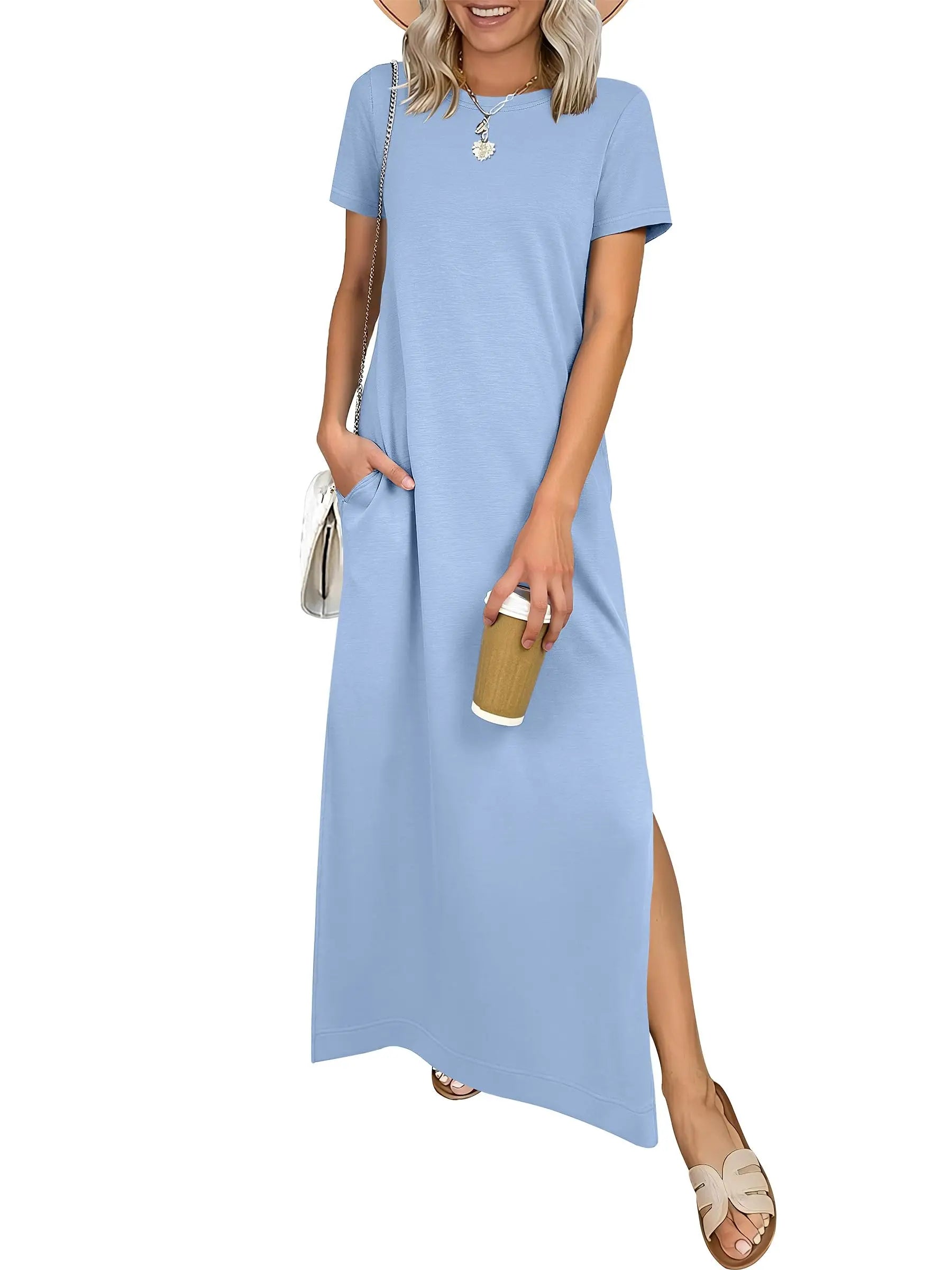 Women Short Sleeve Maxi Dress Crew Neck Side Split Casual Loose Dress