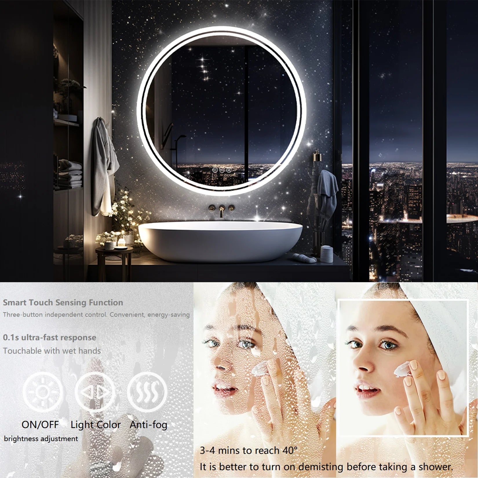 Large Round LED Bathroom Vanity Mirror Anti-Fog with Brighter Lights for Makeup Wall Mount Smart Touch TAVEN System LLC